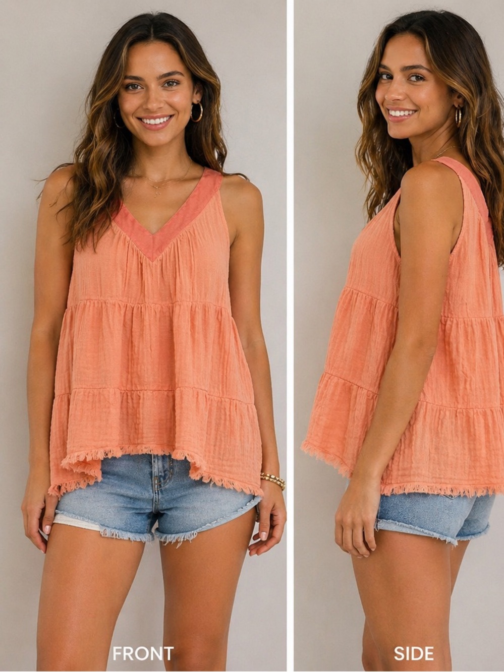StarkX Ella Top Coral Tiered Gauze V-Neck Raw Hem Sleeveless Tunic XS NWT $117